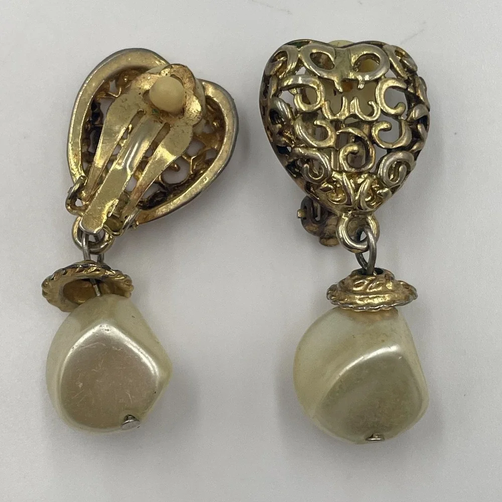 Vintage Estate Clip-On Earring Lot Mixed Style Dangle Faux Pearl Heart 3 Pairs